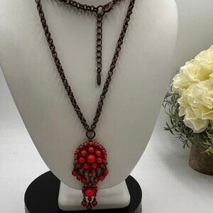 Ben-Amun Red Faux Carnelian Cabochon Dangle Pendant Copper Tone Necklace